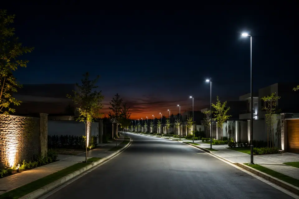 Via de loteamento iluminada à noite