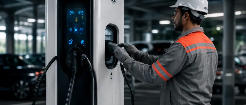 Técnico configurando um carregador de parede em garagem