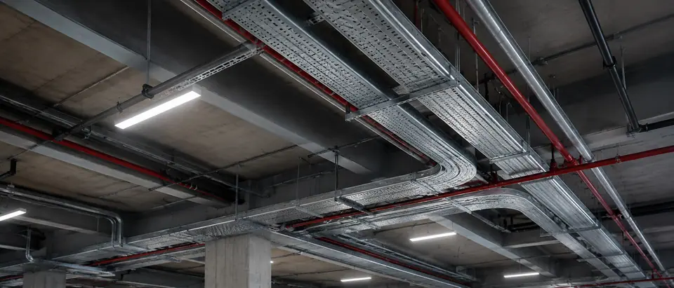 Garagem com eletrocalhas e infraestrutura elétrica para carregadores