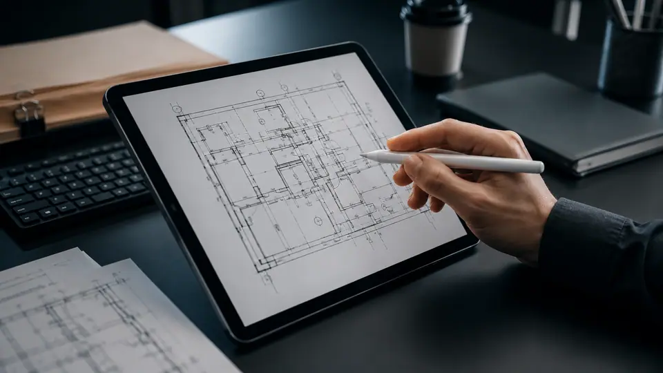 Engenheiro revisando planta elétrica em um tablet