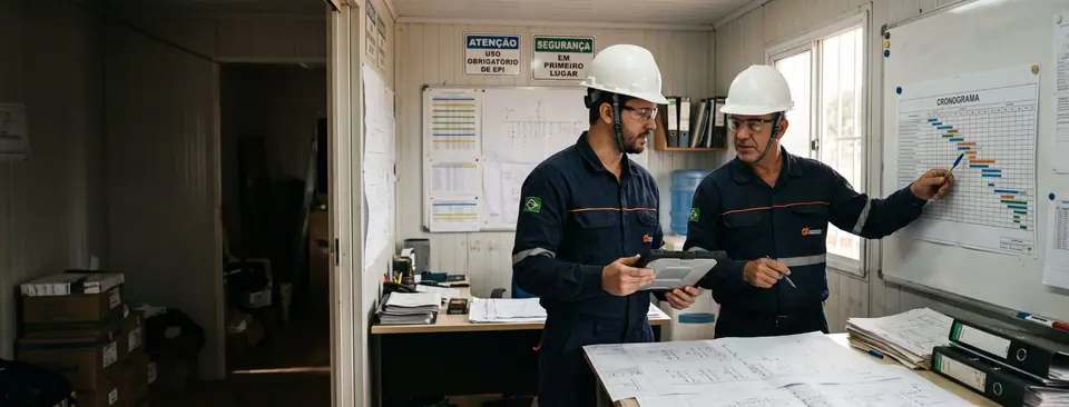 Engenheiro e encarregado com capacete e EPI revisando o cronograma da obra no escritório do canteiro